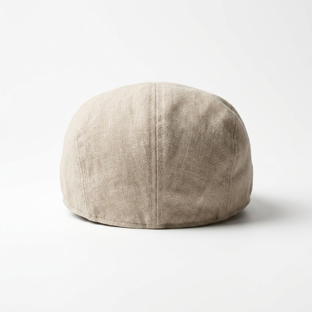 Beigefarbene Flatcap aus Leinen Rückansicht