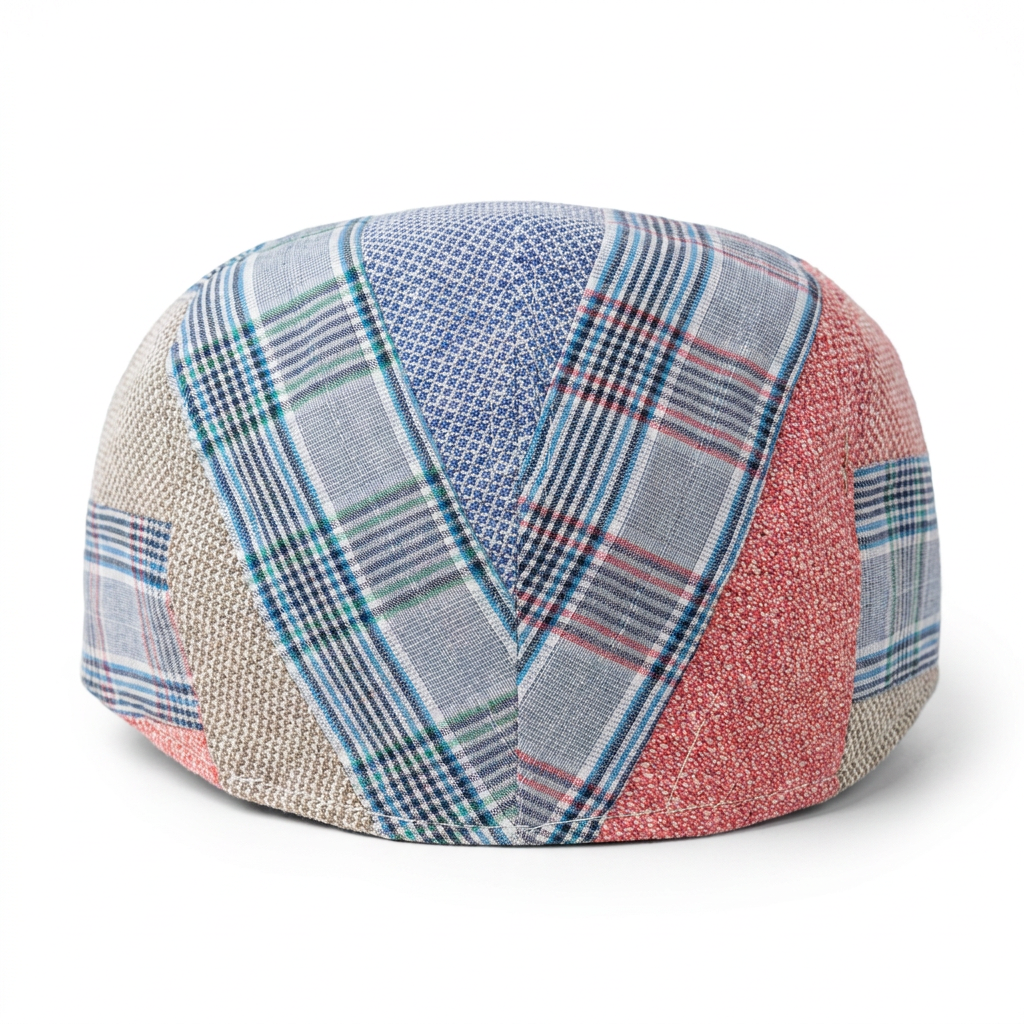 Rückansicht der Flatcap aus Leinen in Patchwork