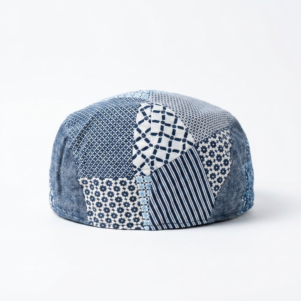 Rueckansicht der Flatcap aus Leinen in Patchwork