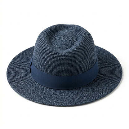 Rückansicht des blauen Super Fino Raffia Herren Sommerhutes
