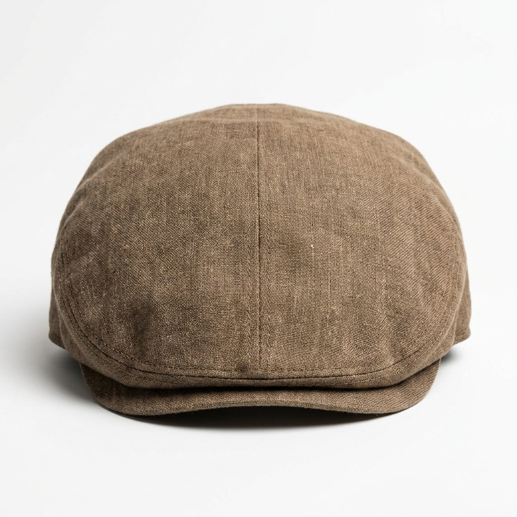 Vorderansicht der olivgrünen Flatcap aus Leinen
