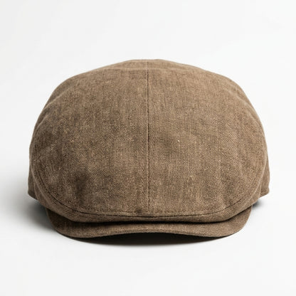 Vorderansicht der olivgrünen Flatcap aus Leinen