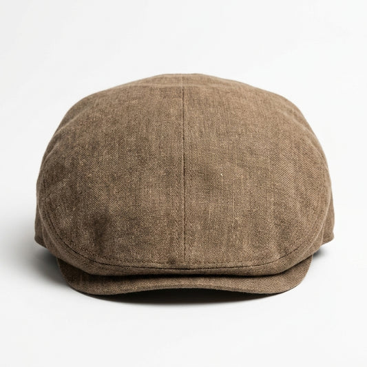 Vorderansicht der olivgrünen Flatcap aus Leinen