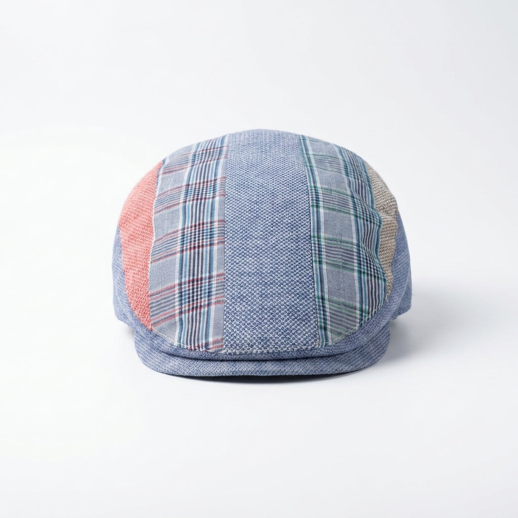 Vorderansicht der Flatcap aus Leinen in Patchwork