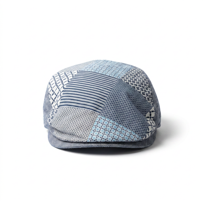 Vorderansicht der Flatcap aus Leinen in Patchwork