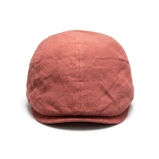 Vorderansicht der roten Flatcap aus Leinen
