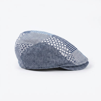 Linke Seitenansicht der Flatcap aus Leinen in Patchwork