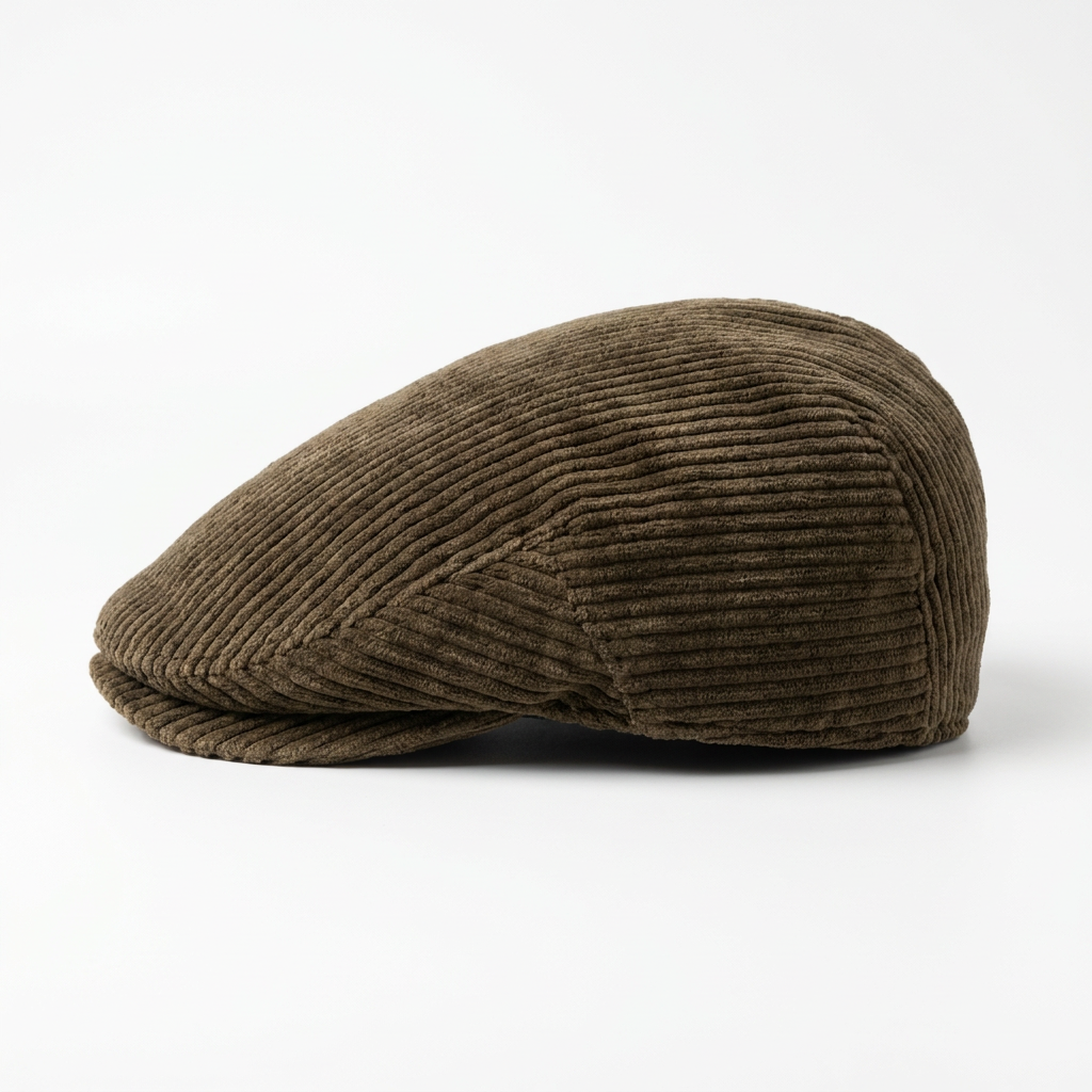 Linke Seitenansicht der Flatcap aus Cord in Oliv