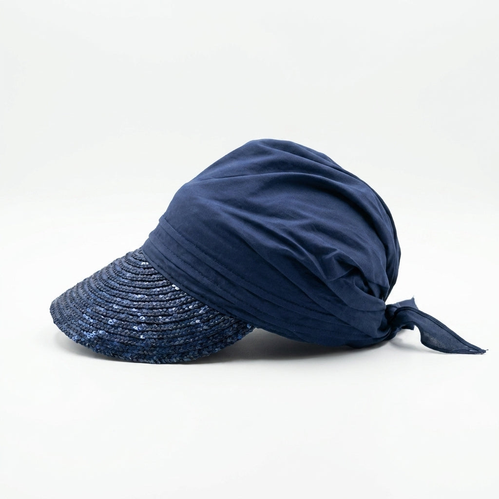 Linke Seitenansicht des Stroh-Visors mit Stoff in Navy