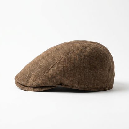 Braune Flatcap aus Leinen - linke Seitenansicht