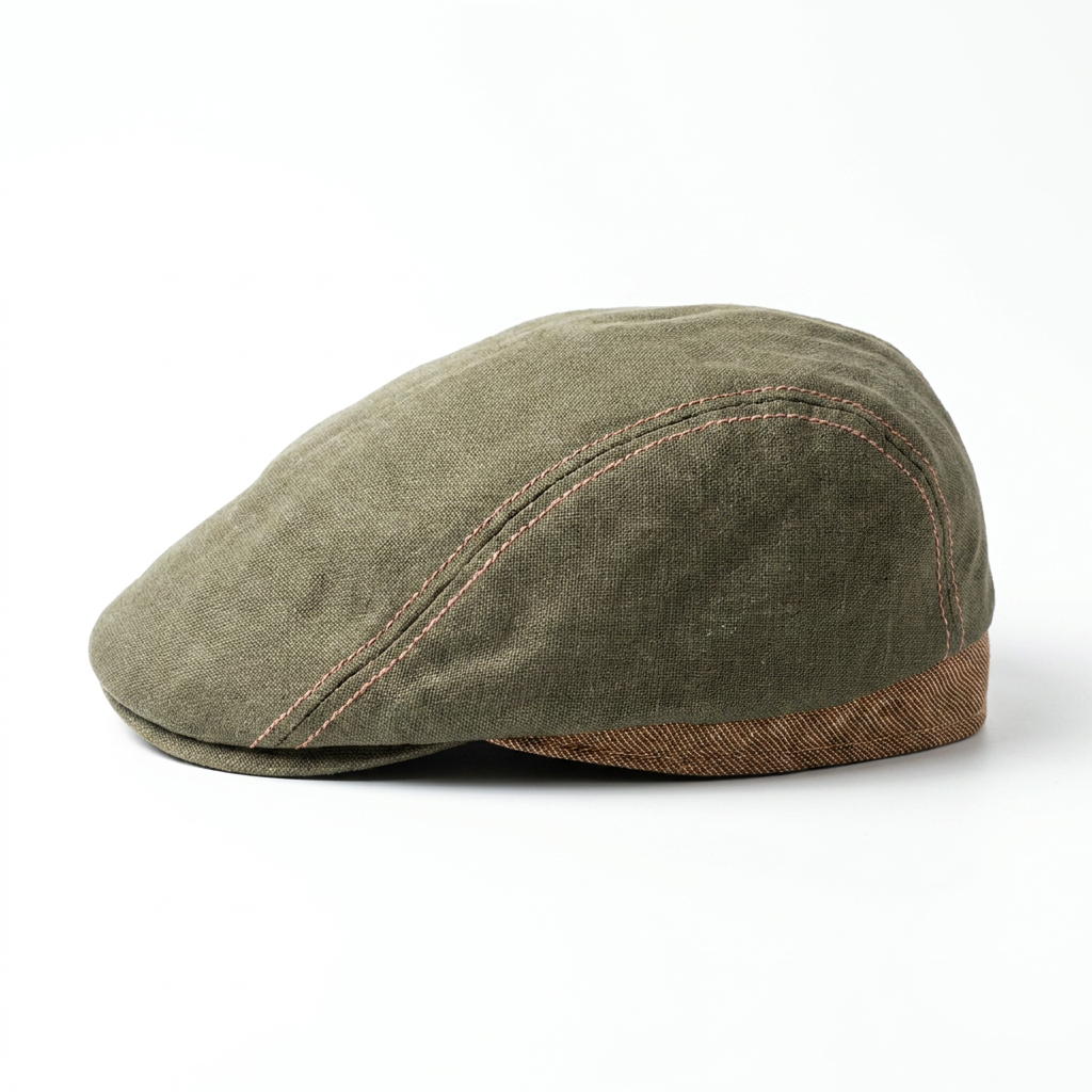 Flatcap aus Leinen in Oliv rechte Seitenansicht
