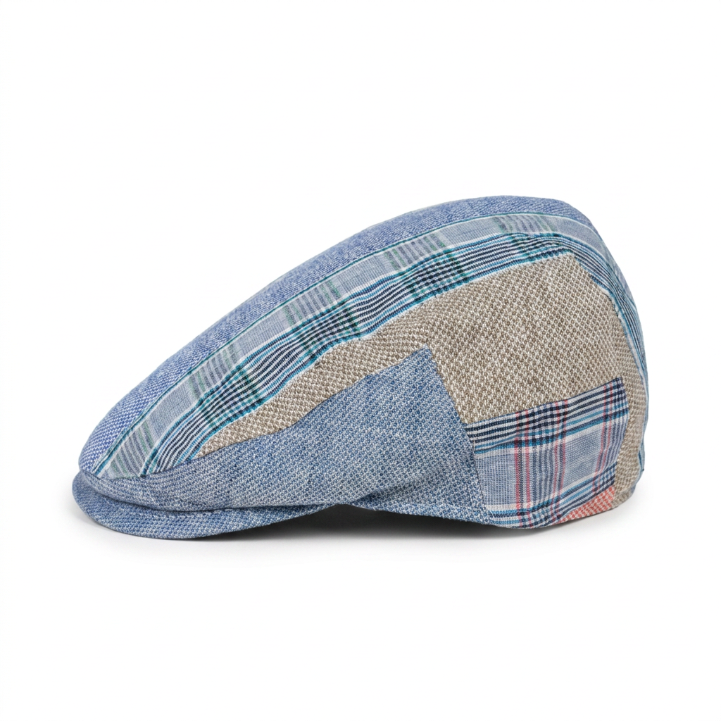 Rechte Seitenansicht der Flatcap aus Leinen in Patchwork
