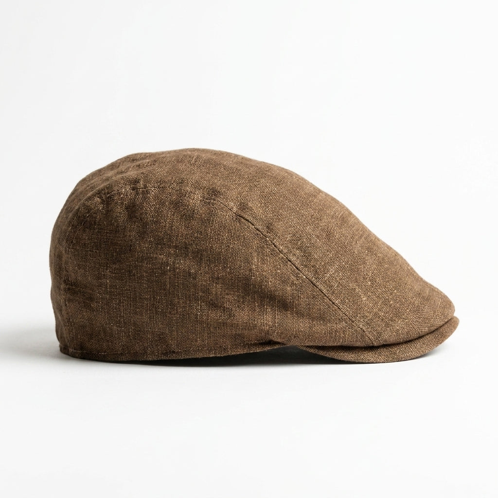 Braune Flatcap aus Leinen - rechte Seitenansicht