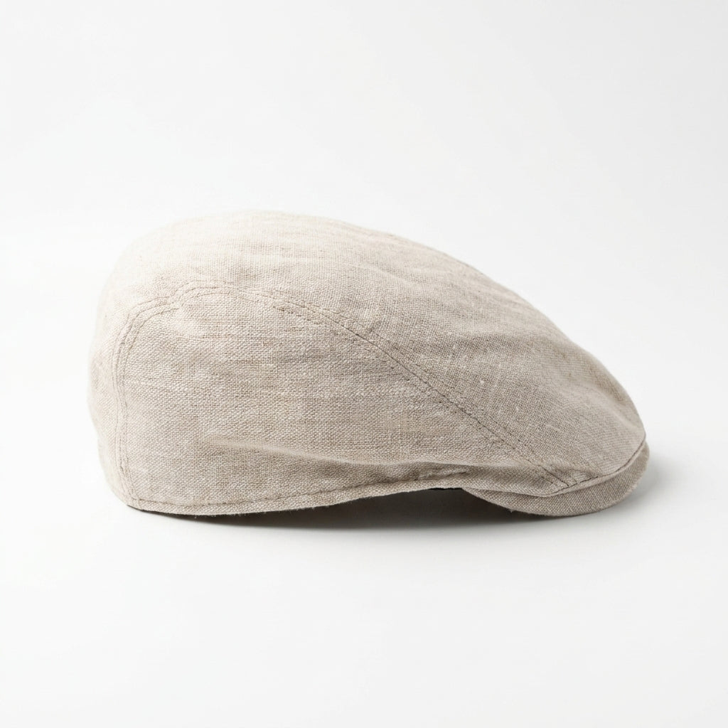Beigefarbene Flatcap aus Leinen rechte Seitenansicht